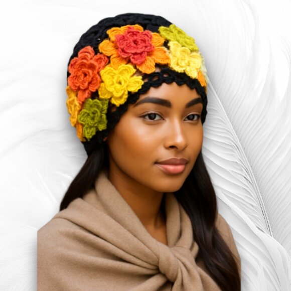 Handmade Accessories - Handmade Crochet Flower Beanie – Colorful Boho Knit Hat, Retro 70s Style